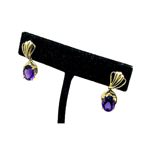 14k Yellow Gold Oval Purple Gemstone Women's Dangle Earrings Estate Jewelry - Picture 1 of 14